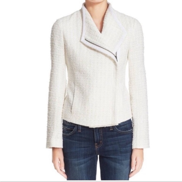 🤍Ivory Cream Tweed Moto Cropped Boucle Metallic Fray Frayed Raw Edge Zip Blazer - Picture 4 of 13